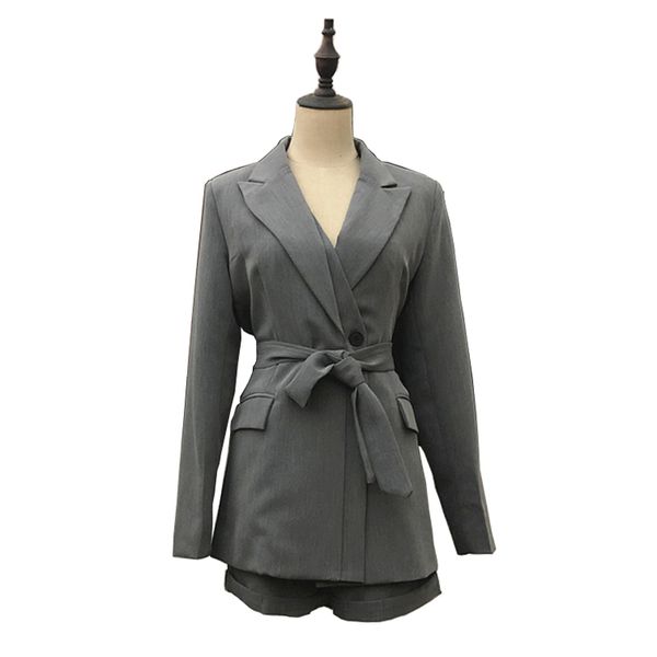 

women black gray blazer mini skirt zipper shorts 2 two pieces set elegant winter notch collar t0448 210514, White