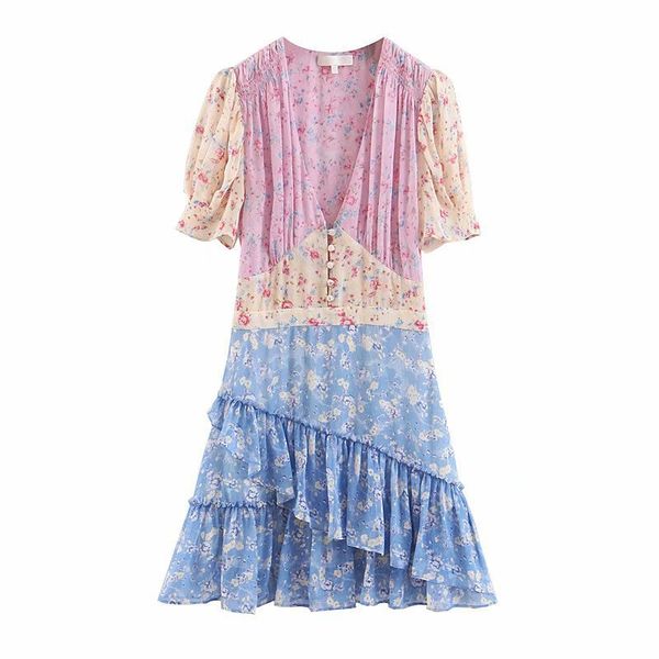 

paris girl summer women dresses v neck ruffles slim silk-like holiday ins bloggers patchwork special interest mini dress pleated 210524, Black;gray