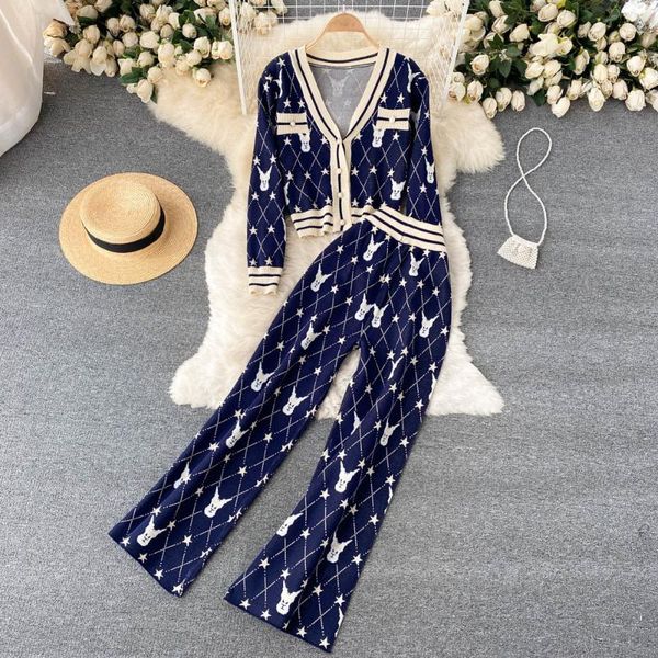 

women's two piece pants designer 2 set for women casual knitted v-neck long sleeve sweater cardigan + wide leg tracksuits fashion, White