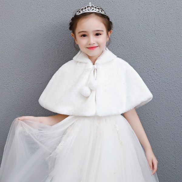 

wraps & jackets flower girls winter short coat baby wedding faux fur party warm cloak cape kids shawls, White