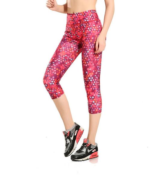 

women's leggings women pink spots fitness exercise quick drying mid calf energy pants trousers ropa mujer, Black