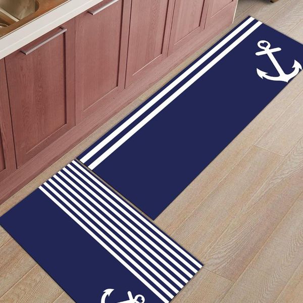 

dark blue stripes anchor long kitchen mat home entrance doormat anti-slip bathroom rug floor decoration carpets