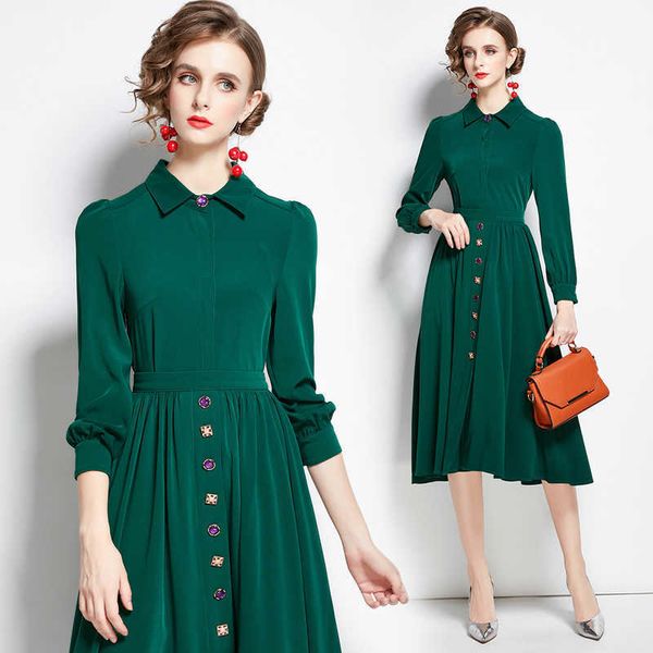 

autumn vintage elegant green women long sleeve turn-down collar shirt +skirts two piece set fashion party femme suit 210525, White