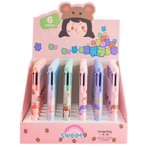 

ballpoint pens cartoon multicolor 6-color pen lovely color push ball student kawaii stationery office school supplies wholesale, Blue;orange