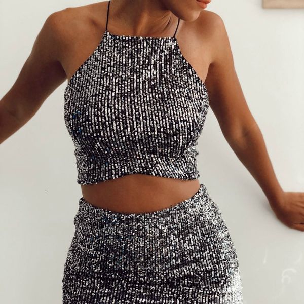 

women's tanks & camis sequins halter vest women ladies off shoulder glitter pullover clothes clubwear street summer slin, White