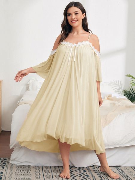 

plus cold shoulder guipure lace trim nightdress r6tr#, Black;white