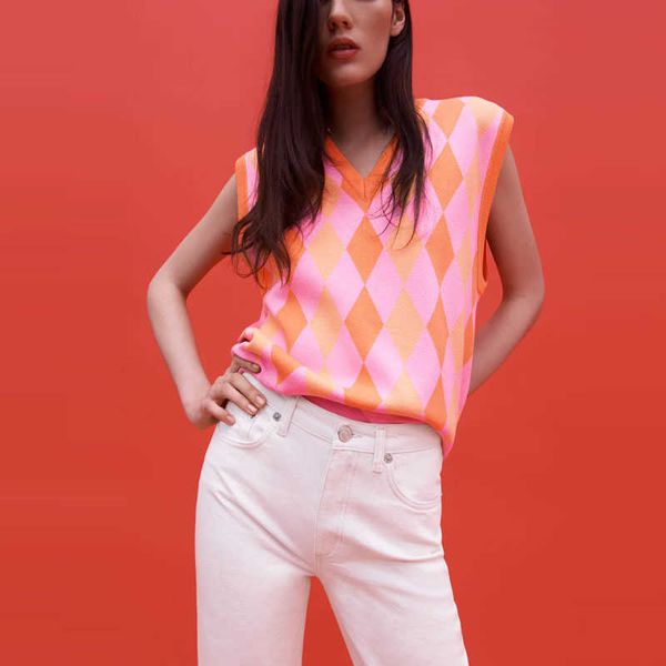

za knit argyle vest women v neck sleeveless cute spring sweater female fashion loose vintage pink pullover 210602, White