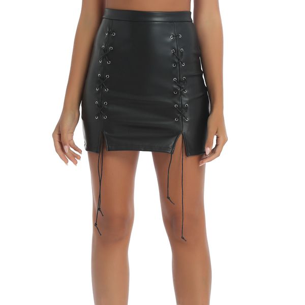 Mulheres Lápis Lápis Saia Sexy Cintura Alta Moda Bodycon Preto Pu Couro Escritório Saias Senhoras Lateral Split Split Lace-Up Minissaia 2021 x0428