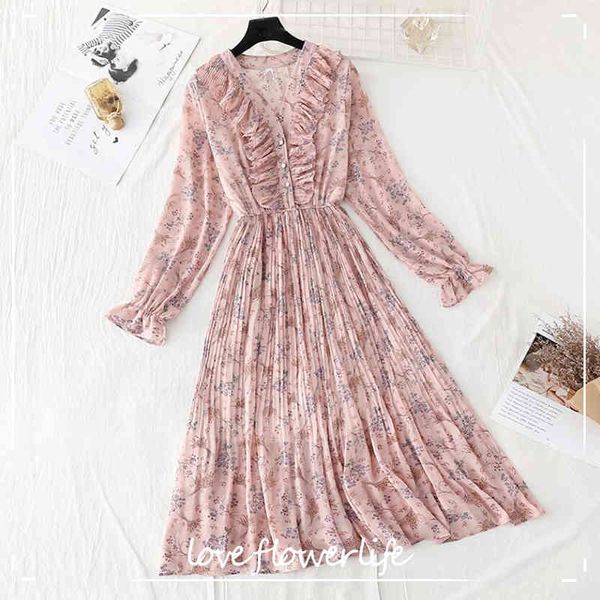 

spring summer women elegant pleated dress elastic waist long sleeve floral print chiffon dress fashion casual mid-calf dresses 210521, Black;gray
