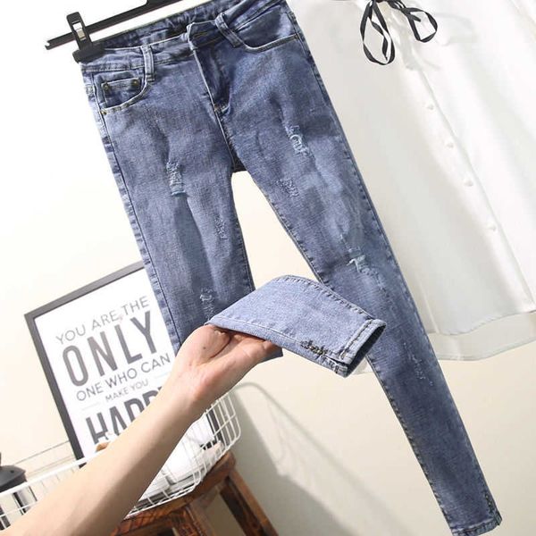 Frühling und Herbst ins Netz rot Trend Hosen enge koreanische Version der hohen Taille zerrissene Hosen dünne Hosen Jeans Frauen 210616
