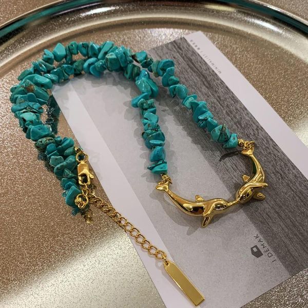 

chains european and american retro fashionable minority design kiss dolphin turquoise necklace vacation style temperament, Silver