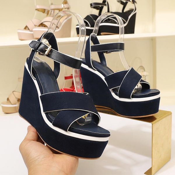 

famous ladies sandals thick bottom wedge sandals fashion ladies ankle strap women pumps party dress shoes with box size 34-40, Black