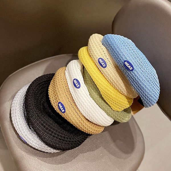 

berets spring and summer fashion labeling breathable beret hat ladies solid color hollow french artist knit painter, Blue;gray