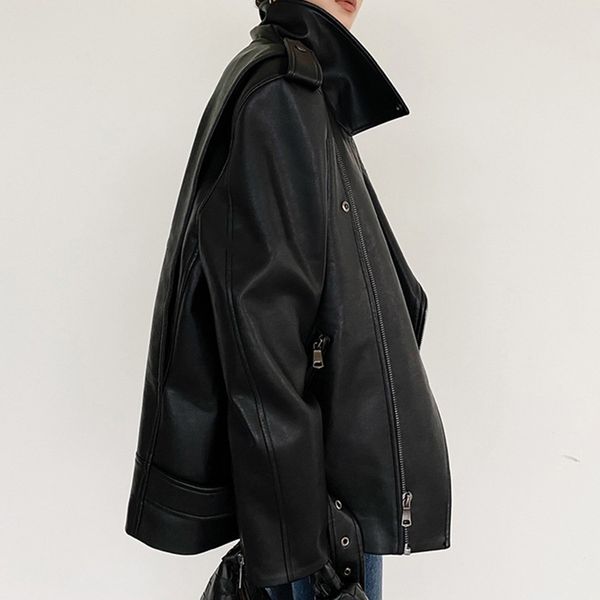 

dmon classic 70s silhouette structure black loose motorcycle leather jacket pu coat women's spring and autumn