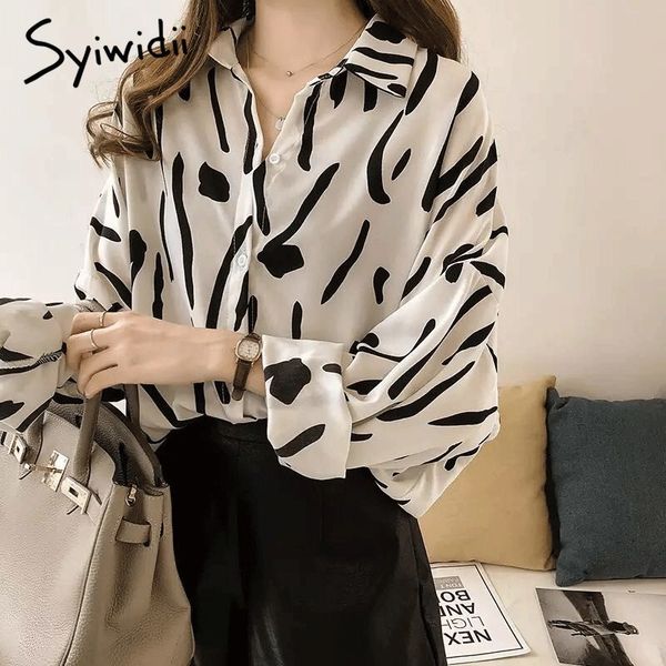 

syiwidii print shirts women button up long sleeve plus size 4xl chiffon vintage korean fashion white blouse clothes black 210417