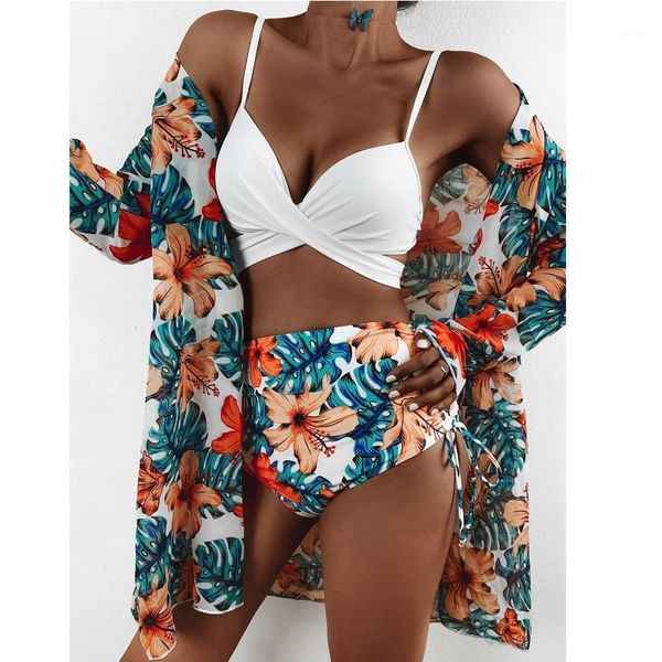 

three piece sets women swimsuit high waist bathing suit plus size swimwear push up bikini set+long beach cover-up#f3 women's, White;black
