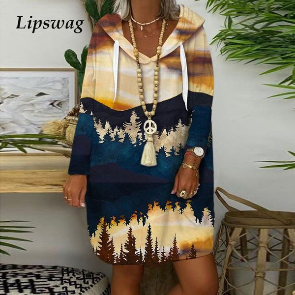 

elegant art painting print loose dress autumn long sleeve women casual female vintage sweatshirt a-line dresses vestidos, Black;gray