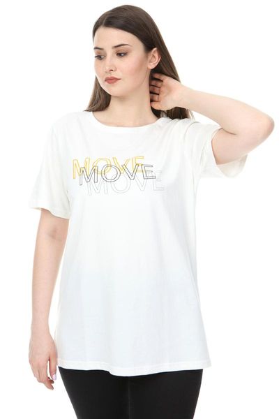 

women's t-shirt plus size o-neck print half sleeve knitted ecru, White