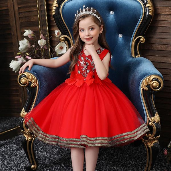 

princess dress sleeveless bow-knot flower girl dress floral lace prom dress, Red;yellow