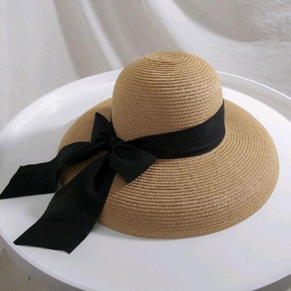 

wide brim hats summer for women sun hat big black bow foldable sunhat sunshade straw beach bell visor female arrivals, Blue;gray
