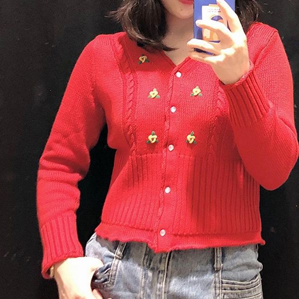 

women's sweaters women sweater spring floral embroidery v neck knit cardigan, White;black