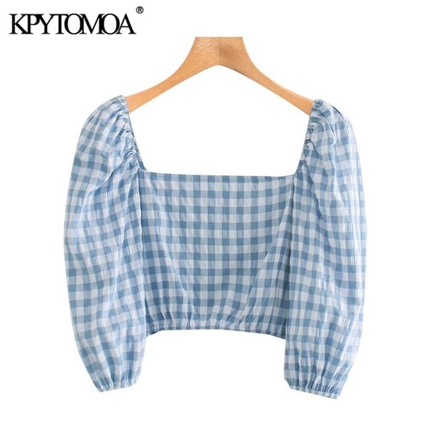 

women sweet fashion plaid cropped blouses puff sleeve back elastic female shirts chic 210420, Black;white