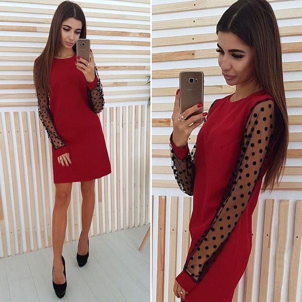 

spring autumn streetwear women bodycon dess elegant mesh sheer puff long sleeve ladies dresses party clubwear black dress casual, Black;gray