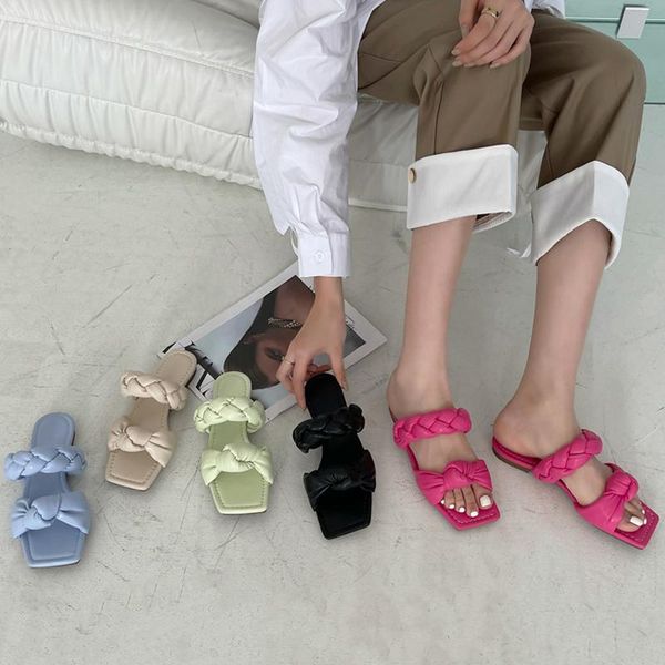 

slippers 2021 women fashion weave ladies flat heel slides causal open square toe outdoor beach sandals summer female flip flop, Black