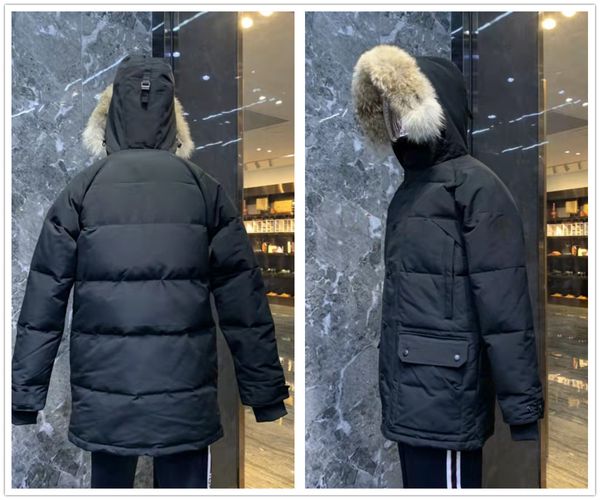 

winter outdoor casual fashion men's down jacket white duck windproof parker long leather collar cap warm real wolf fur stylish classic, Black