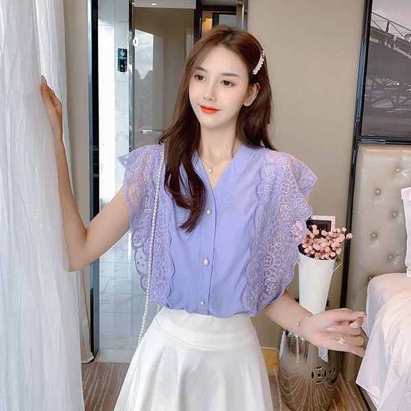 

women's blouses & shirts girls patchwork lace blouse shirt tees female v-neck summer elegant sweet chiffon women, White