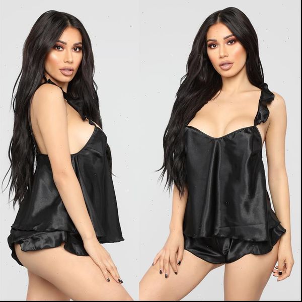 

2pcs plus size shiny women sleepwear silky satin pajamas set summer oversize casual ruffled sleeveless v neck nightwear lingerie, Black;red