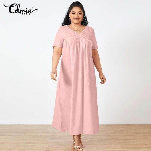 

plus size dresses celmia dress 2021 summer women bohemian holiday short sleeve v-neck maxi sundress casual loose party long vestidos