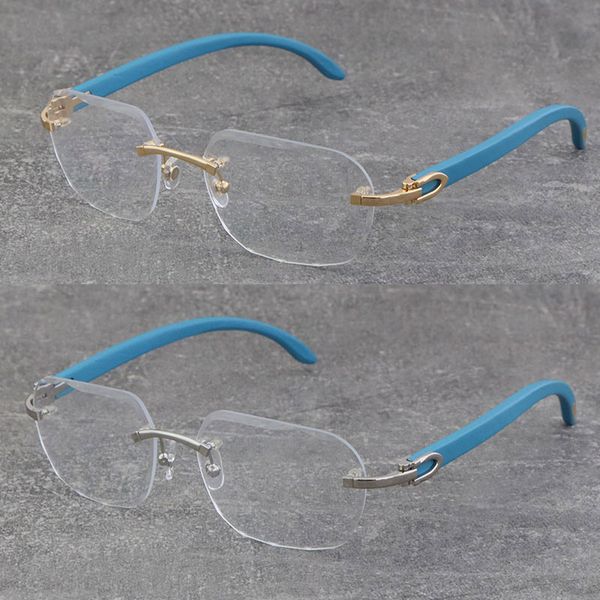 

new design blue wooden rimless metal frames square optical fashion eyeglasses 18k gold classic styles frame 3524012 woman glasses diamond cu, Silver