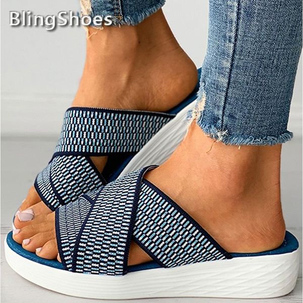 

slippers women cross strap open toe wedge sandals platform ladies slides solid comfort flats plus size beach female footwear, Black