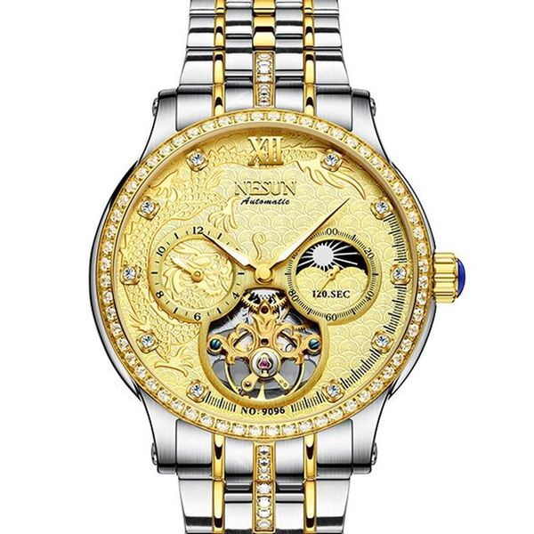 

wristwatches nesun watch men switzerland automatic mechanical watches 100m waterproof moon phase sapphire skeleton clock n9096, Slivery;brown