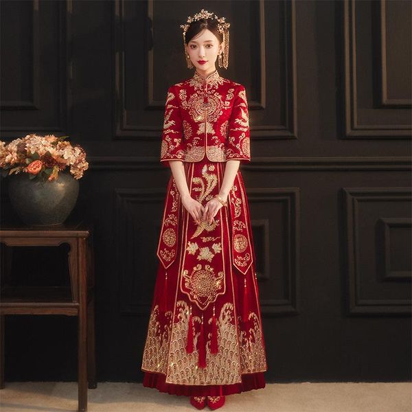 

ethnic clothing exquisite embroidery bride wedding dress vintage cheongsam chinese style marriage suit elegant costume toast, Red