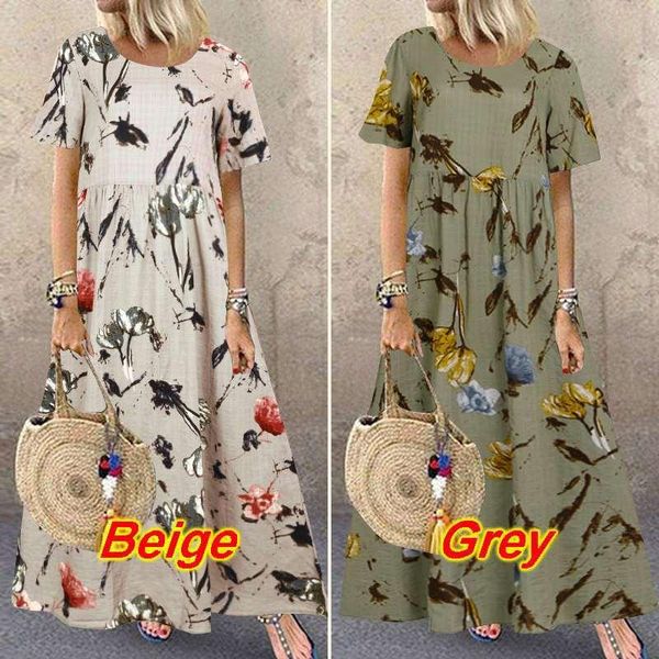 

casual dresses 2021 printed sling cotton loose waist long temperament commuter dress, Black;gray