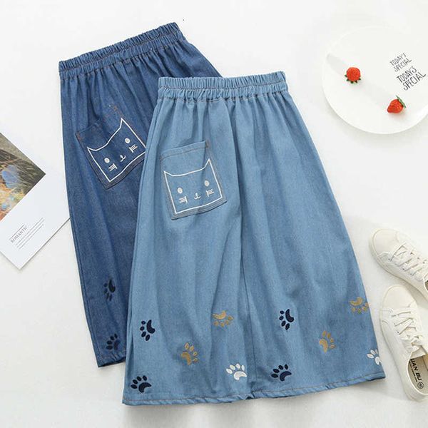 

skirts teen-age girls students women summer autumn kawaii cat paw embroidery high waist a-line midi long denim jeans h0ay, Black