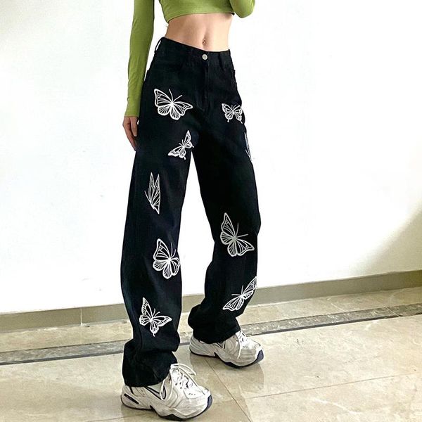 

women's pants & capris fashion butterfly print casual high waist 2021 street jeans trousers ladies black denim pant streetwear, Black;white