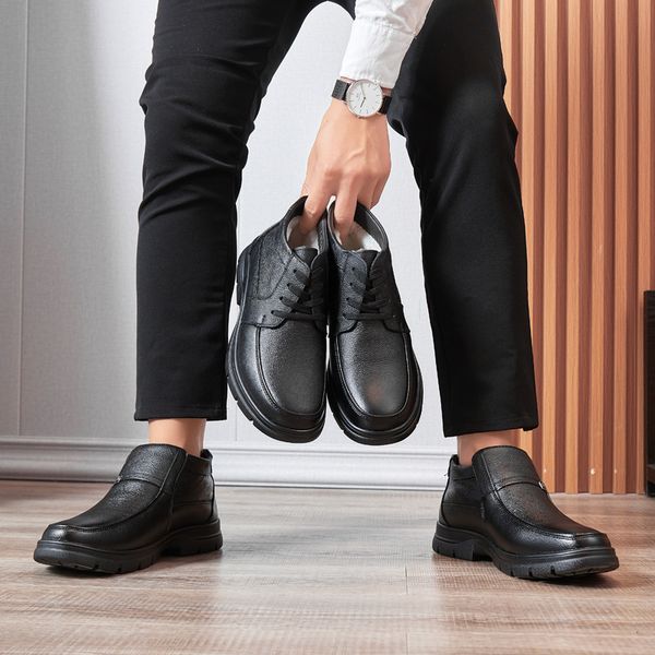 

winter plush high cotton shoes men's thickened anti-skid warm leather rubber soled father's middle-aged people, Black