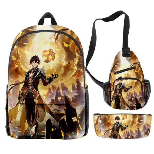 

backpack genshin impact zhongli school set 3 pieces boys girls backpacks travel crossbody bag pencil case kids