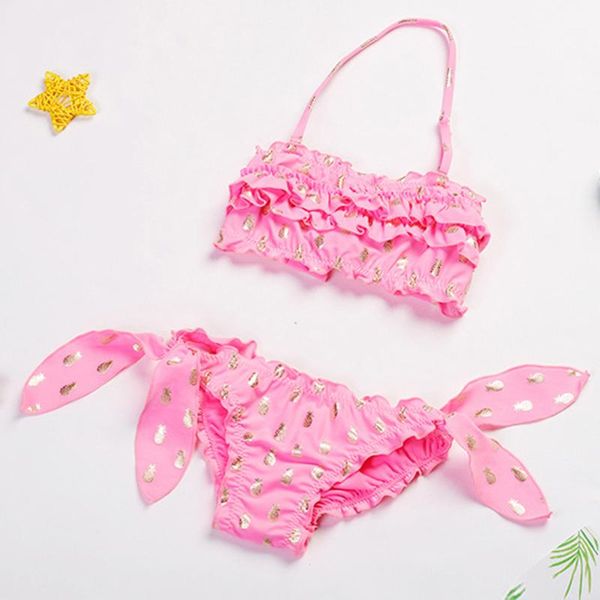 

kids swimwear 2021 toddler baby girls ruched solid wave pineapple print swimsuit 2 piece bikini sets bathing suit one-pieces, Black