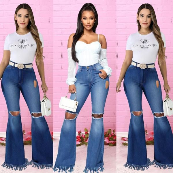 

women's hip-hop denim flared pants casual jeans slim button retro, Blue