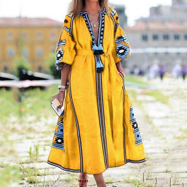 

casual dresses plus size fashion lantern sleeve women vintage v-neck splicing embroidery half tassel party loose long dress vestidos#g3, Black;gray