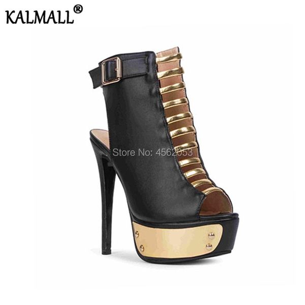 

boots kalmall black leather female shoes sping summer buckle cut-outs slingback stiletto short boot gold metal platform women