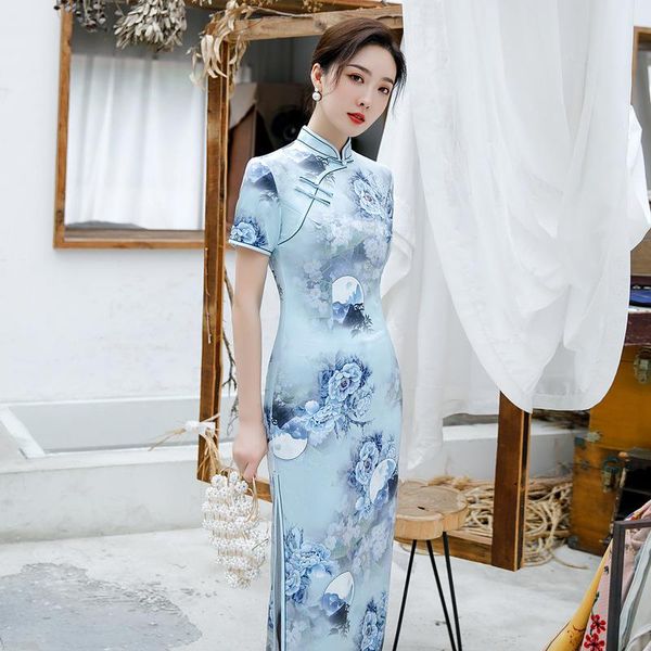 

ethnic clothing 9 style women prined satin handmade button qipao elegant orientale banquet chinese mandarin collar cheongsam oversize 4xl, Red