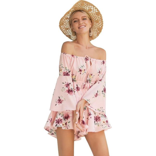 

women's jumpsuits & rompers whzhm summer beach playsuits slash neck long flare sleeve pink flower printed lace up color hollow out bohe, Black;white