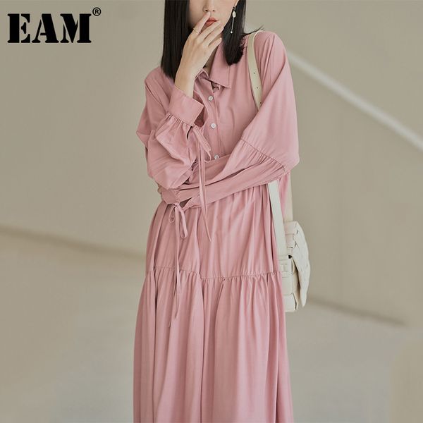 

[eam] women black casual bandage pleated mid-calf dress lapel long sleeve loose fit fashion spring summer 1dd8017 210512, Black;gray