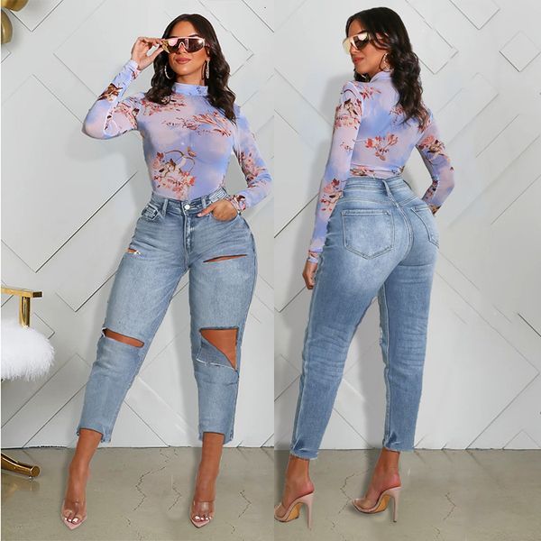 

jean women high waist casual washed distressed hole stretch skinny jeans ankle-length denim street lady pencil pants, Blue