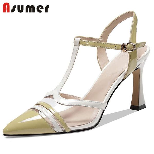 

dress shoes asumer 2021 patent leather high heels sandals ladies party wedding pointed toe buckle summer women, Black